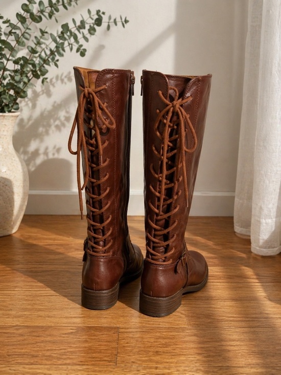 Boutique Shoes - Brown Knee-High Equestrian Style Lace-Up Riding Boots Size 6 Vegan Leather